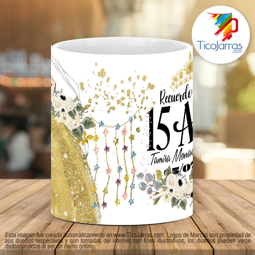 Tazas Personalizadas Recuerdo de 15 años, vestido dorado