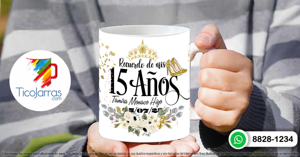 Tazas Personalizadas en Costa Rica Recuerdo de 15 años, vestido dorado