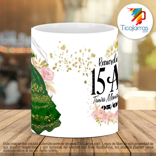 Tazas Personalizadas Recuerdo de 15 años, vestido verde