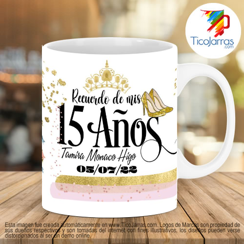 Tazas Personalizadas en Costa Rica Recuerdo de 15 años, Vestido dorado