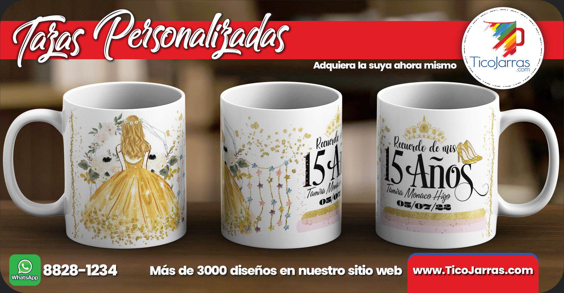 Tazas Personalizadas Recuerdo de 15 años, Vestido dorado