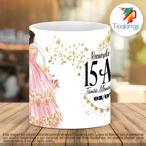 Tazas Personalizadas Recuerdo de 15 años, vestido  rosa con oro